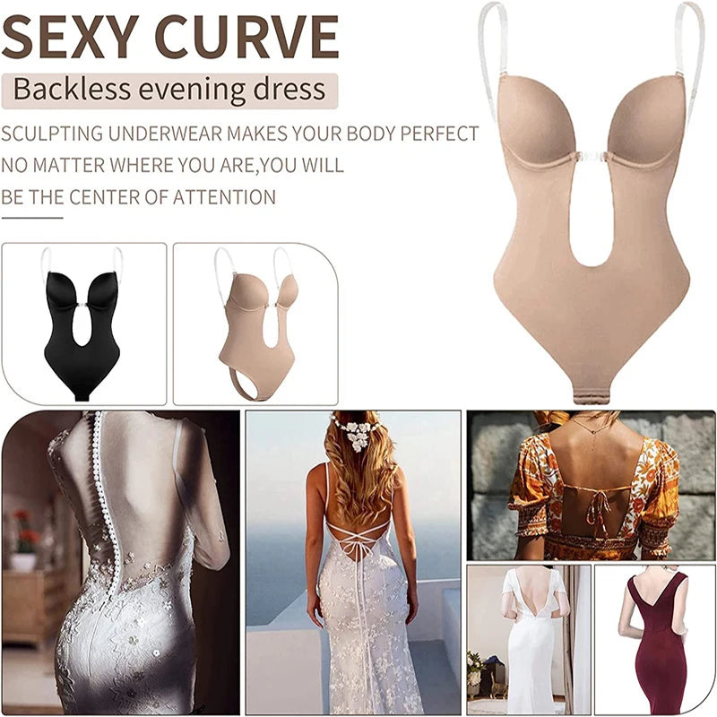 Invisible Shaper Bra Sexy Bodysuit Corset Backless Deep V-Neck U